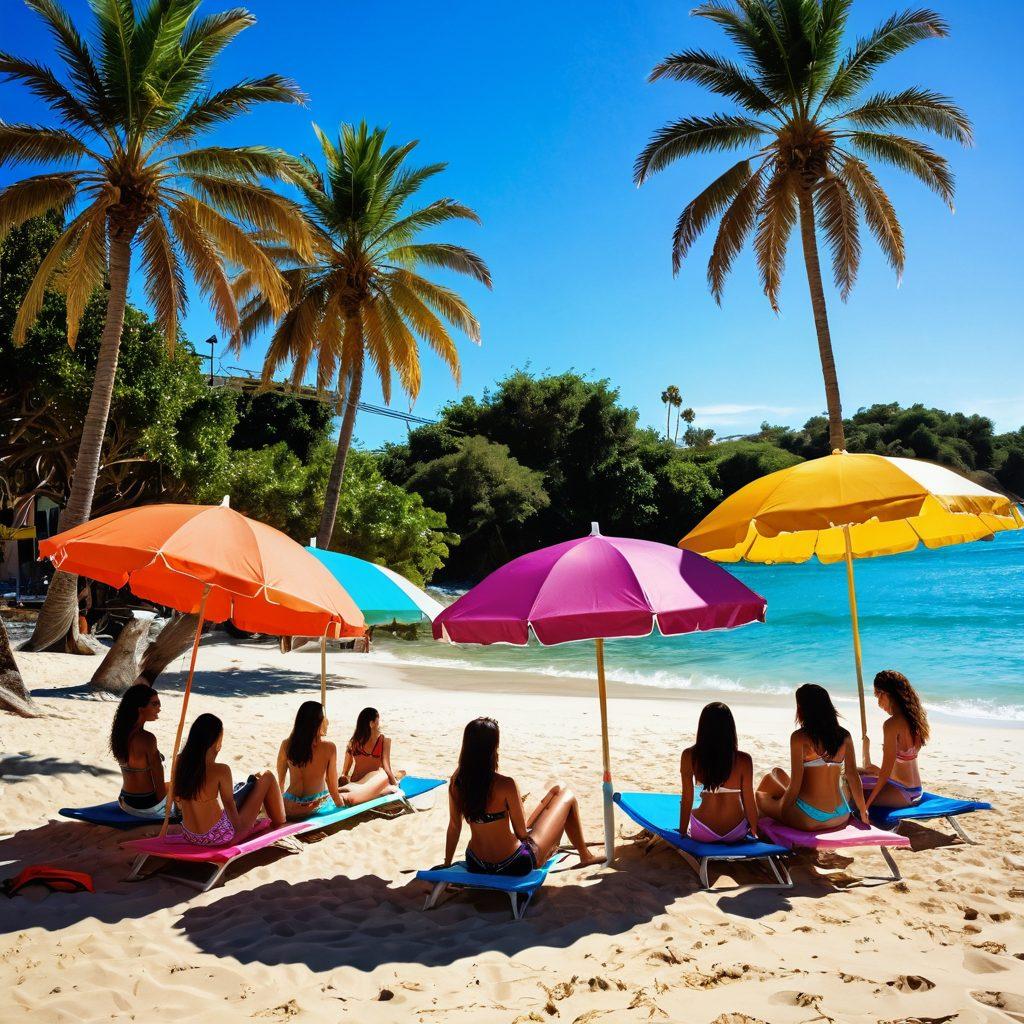 A vibrant beach scene featuring diverse women wearing various stylish bikinis, enjoying summer activities like surfing, beach volleyball, and lounging under colorful umbrellas. Bright, lively colors highlighting the sun, sand, and ocean waves creating an inviting atmosphere. Soft sunlight casting playful shadows on the beach, with palm trees framing the scene. Capture a sense of freedom and joy in the outdoor lifestyle. super-realistic. vibrant colors. summertime.