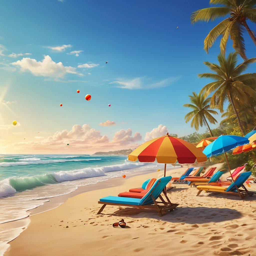 A vibrant beach scene showcasing diverse people enjoying the sun in stylish swimwear, colorful beach umbrellas dotting the background, sparkling ocean waves lapping at the shore. Include fun beach accessories like sunglasses, beach balls, and flip-flops, and create a warm, inviting atmosphere with bright summer colors. super-realistic. vibrant colors. sunny sky.