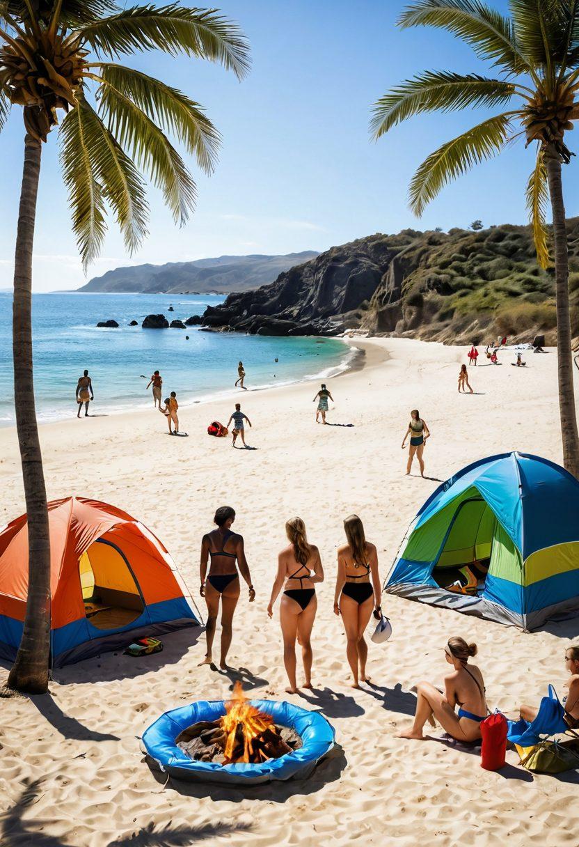 A vibrant beach scene showcasing diverse individuals wearing stylish two-piece swimsuits, engaging in outdoor fun like playing frisbee and beach volleyball, with a backdrop of stunning coastlines and sandy shores. Include camping gear like tents and a campfire in the distance to symbolize the transition from camping to beach life. Bright and sunny atmosphere with tropical palm trees swaying in the breeze. super-realistic. vibrant colors. white background.